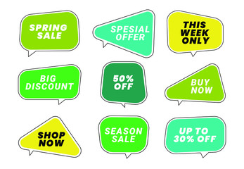 Set of vector spring sale bubble shaped banners, colorful posters for online shopping, price tags balloons, abstract posters, comic badges