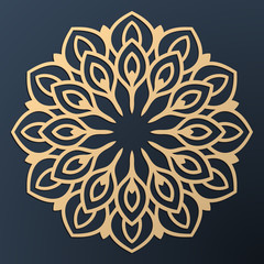 Fototapeta na wymiar Laser cutting mandala. Golden floral pattern. Oriental silhouette ornament. Vector coaster design.