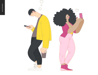Waiting in line - modern flat vector concept illustration of a young man a woman standing in line with smartphones, talking to each other. Multicultural, multilingual people, diversity concept