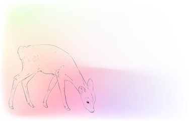 写実的な動物イラスト：玉虫色の背景：小鹿が草を食べる姿