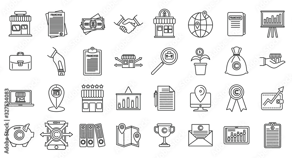 Poster franchise store icons set. outline set of franchise store vector icons for web design isolated on wh