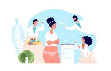 Diet concept. Healthy fasting, delicious detox. Metabolism, obesity treatment with doctors. Dietitians, personal therapy vector illustration. Weight obesity, nutrition dieting, dietitian nutritionist
