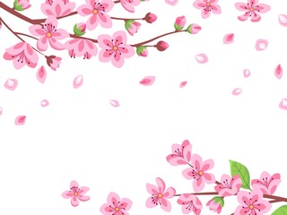 Naklejka na ściany i meble Cherry blossom. Floral sakura branches. Spring japan romantic flying petals. Pink flower bloom garden, cartoon oriental vector background. Illustration japan floral, sakura cherry poster