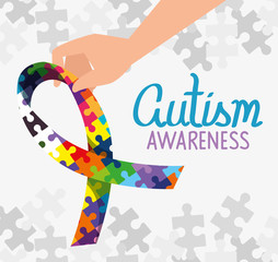 world autism day with ribbon of puzzle pieces vector illustration design