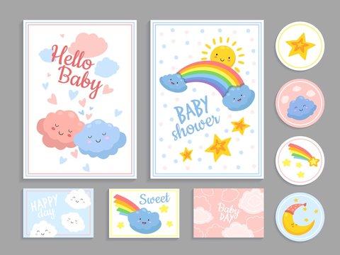 Baby shower. Abstract cute clouds heart. Kid print pattern and invitation with stars sun, moon and rainbow. Art food party vector cards. Baby shower card with rainbow, moon and sun illustration