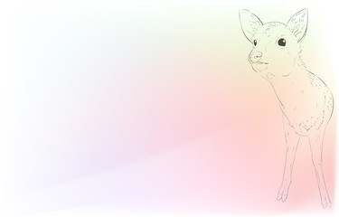 写実的な動物イラスト：玉虫色の背景：小鹿が見上げる姿