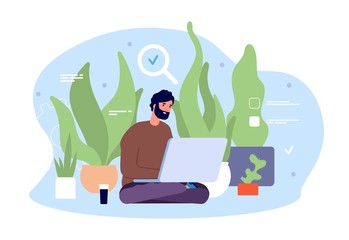 Eco friendly office. Man working at garden. Meditation on workplace with laptop. Businessman freelancer, green workspace vector illustration. Eco office interior, workplace friendly, workspace