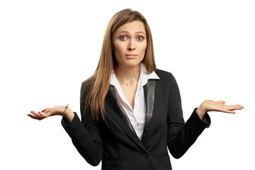 Don't know! Confused young businesswoman. Isolated on white.