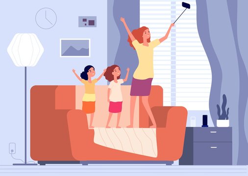 Mother and daughter selfie. Family making photo on sofa. Sisters or mom and girls have fun time together vector illustration. Mother selfie with daughter, woman with smartphone take photo