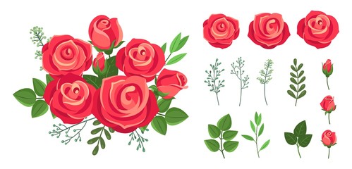 Red roses bouquet. Wedding flowers decoration. Vintage isolated floristic botanical elements. Vector floral collection bouquet flower, floral rose bloom for decoration illustration - obrazy, fototapety, plakaty