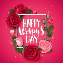 8 march card with rose. Congratulations international womens day floral greeting card, trendy frame flowers and petals banner vector template. Congratulation bouquet flower card rose illustration