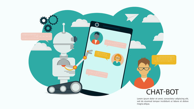 Virtual Help Chatbot banner clicks on phone on blue background among clouds for Website Or Mobile Apps Artificial Intelligence Concept Flat Vector Illustration