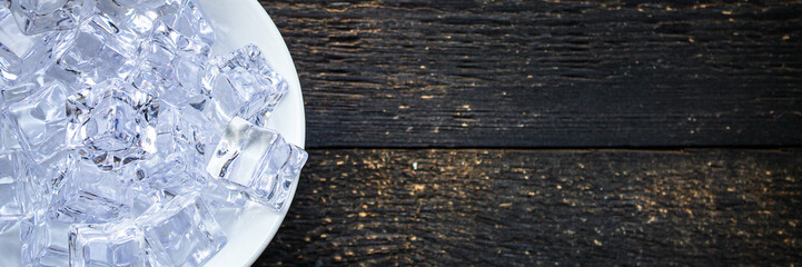 ice cubes. artificial crystal clear transparent piece. concept. food background. top view. copy...