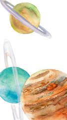 Watercolor vertical template with planets isolated on white background. Jupiter, Saturn,Uran illustration for social media. © stefa_stefo4ka