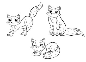 Coloring page outline of cute cartoon wild fox. Fox in different postures. Vector set of sitting, lying and hunting fox. Coloring book of forest animals for kids. Isolated on white background