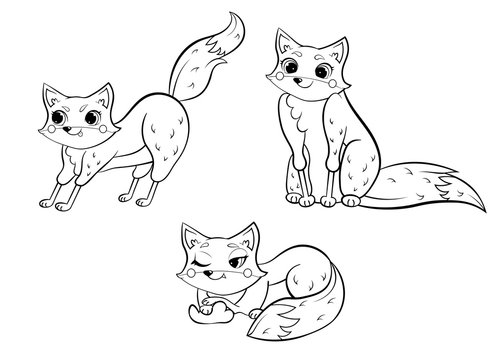 Coloring page outline of cute cartoon wild fox. Fox in different postures. Vector set of sitting, lying and hunting fox. Coloring book of forest animals for kids. Isolated on white background