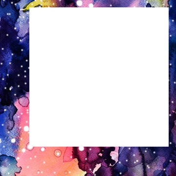 Social media template for post. Square space watercolor frame with empty space for photo or text.  Cosmos and stars hand drawn illistration.