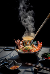 Noodles with steam and smoke in bowl on wooden background, Noodles seefood Tom yum, . Asian meal on a table, junk food concept