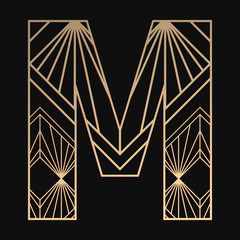 Laser cutting letter M. Art deco vector design. Plywood lasercut gift. Pattern for printing, engraving, paper cut. Luxury royal design.