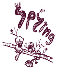 drawing picture flowering tree branch and the inscription spring, lettering, doodle hand drawn sketch digital isolated vector illustration