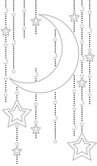 Coloring of holiday card with moon, stars and fireflies