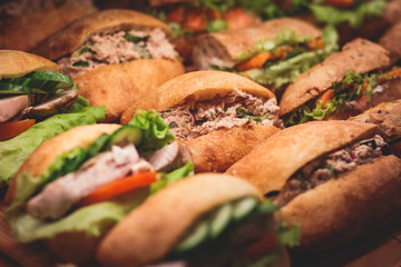 Beautifully decorated catering banquet table with different food snacks and appetizers with sandwich, on corporate christmas birthday kids party event or wedding celebration