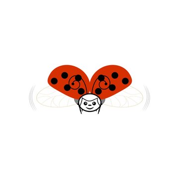 Ladybird in sky sign. Ladybug in blue heaven. Illustration cute colorful red insect symbol spring, summer, garden. Template for t shirt, apparel, card, poster. Design element. Vector illustration.