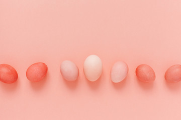 Easter eggs background. Top view, flat lay, copy space.