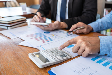 Business team executive presentation on discussion to planning investment financial project and strategy of business making profit conversation with partner