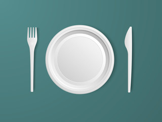 Plate, fork and knife. Set of realistic plastic disposable tableware. Vector illustration.