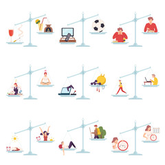 Collection of Scales with Bad and Good Habits, Choosing Between Healthy and Unhealthy Lifestyle Flat Vector Illustration