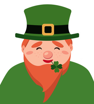 Portrait Of A Leprechaun In A Green Hat With A Gold Plaque. Head Of St. Patrick With A Red Beard In A Green Suit On A White Background Isolated. Vector Modern Flat Illustration.