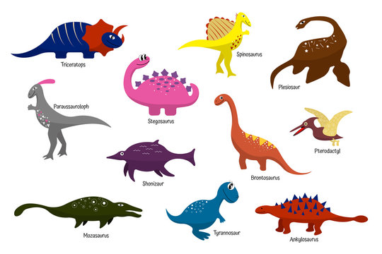 Cartoon multicolored dinosaurs with names. For children, wallpaper, decor, textiles, stickers, clothes, bedding, gift wrapping
