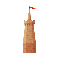 Castle Tower with Flag, Part of Medieval Ancient Stone Fortress Vector Illustration