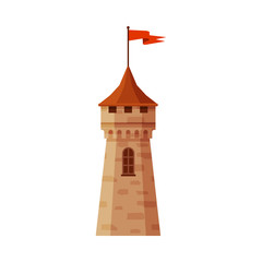Castle Tower with Flag, Part of Medieval Ancient Fortress Vector Illustration