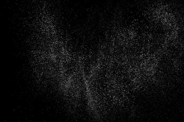 Fototapeta na wymiar White Grainy Texture Isolated on Black Background. Dust Overlay. Light Coloured Noise Granules. Snow Vector Elements. Digitally Generated Image. Illustration, Eps 10.