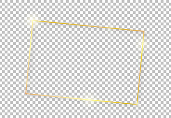 Gold shiny glowing vintage frame with shadows isolated on transparent background. Golden luxury realistic rectangle border. Vector