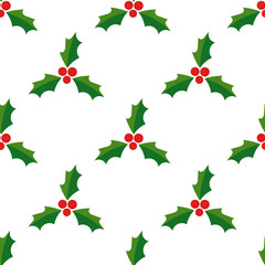 Christmas holly berries seamless pattern on white background.