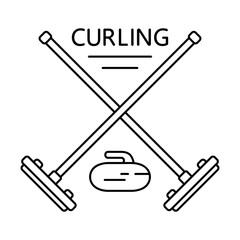 Curling poster. Two crossed brooms, stone and text. Linear icons of winter sport game. Black simple illustration. Contour isolated vector on white background