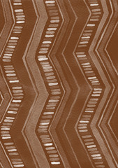 Chocolate brown watercolor zigzag background. Hand painted raster ornament.