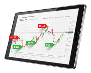Tablet with stock market candlestick graph vector illustration