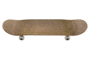 golden skateboard, with white wheels, frontal view, rough surface of the board, on a white background