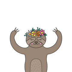 Cute sloth vector illustration. Hand drawn outlined sloth animal with flower crown on head. Isolated.