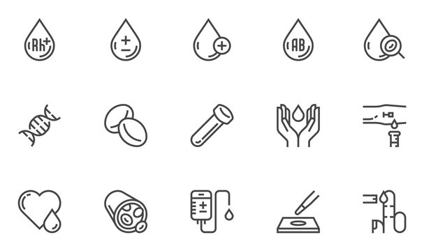 Blood Vector Line Icons Set. Hematology, Blood Cell, Vessel, DNA, Blood Group, RH Factor, Blood Test. Editable Stroke. 48x48 Pixel Perfect.