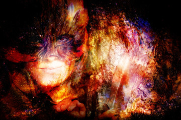 Young woman with a colorful feather face mask on abstract structured space background.