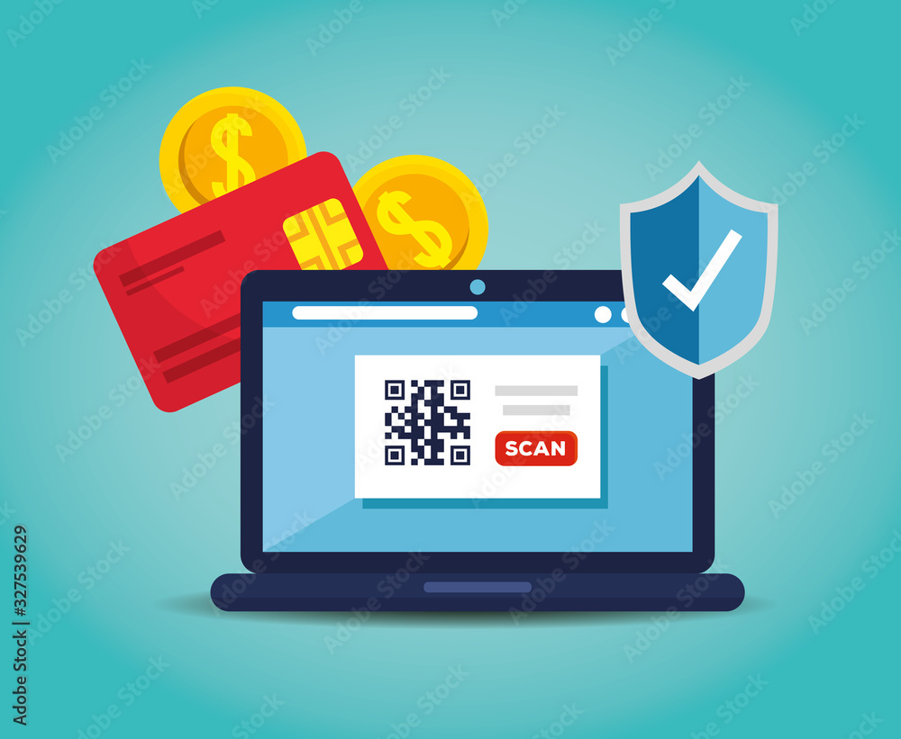 Poster scan code qr with laptop computer and icons vector illustration design