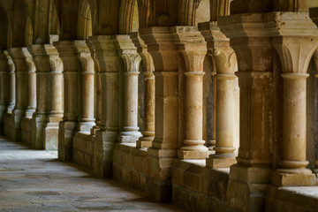 Ancient marble Column corridor of a medieval French abbey. Abbey of Fontenay, Burgundy, France,...