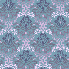 Seamless damask blue pattern with leaves and flowers. Traditional ethnic ornament. Vector print.