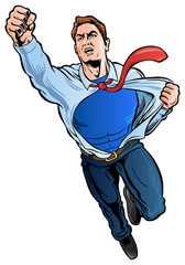 Businessman Superhero ripping shirt off revealing logo