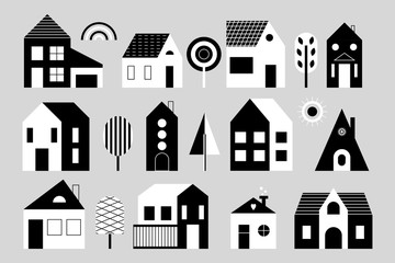 Set of houses, trees, sun and rainbow isolated on gray background.